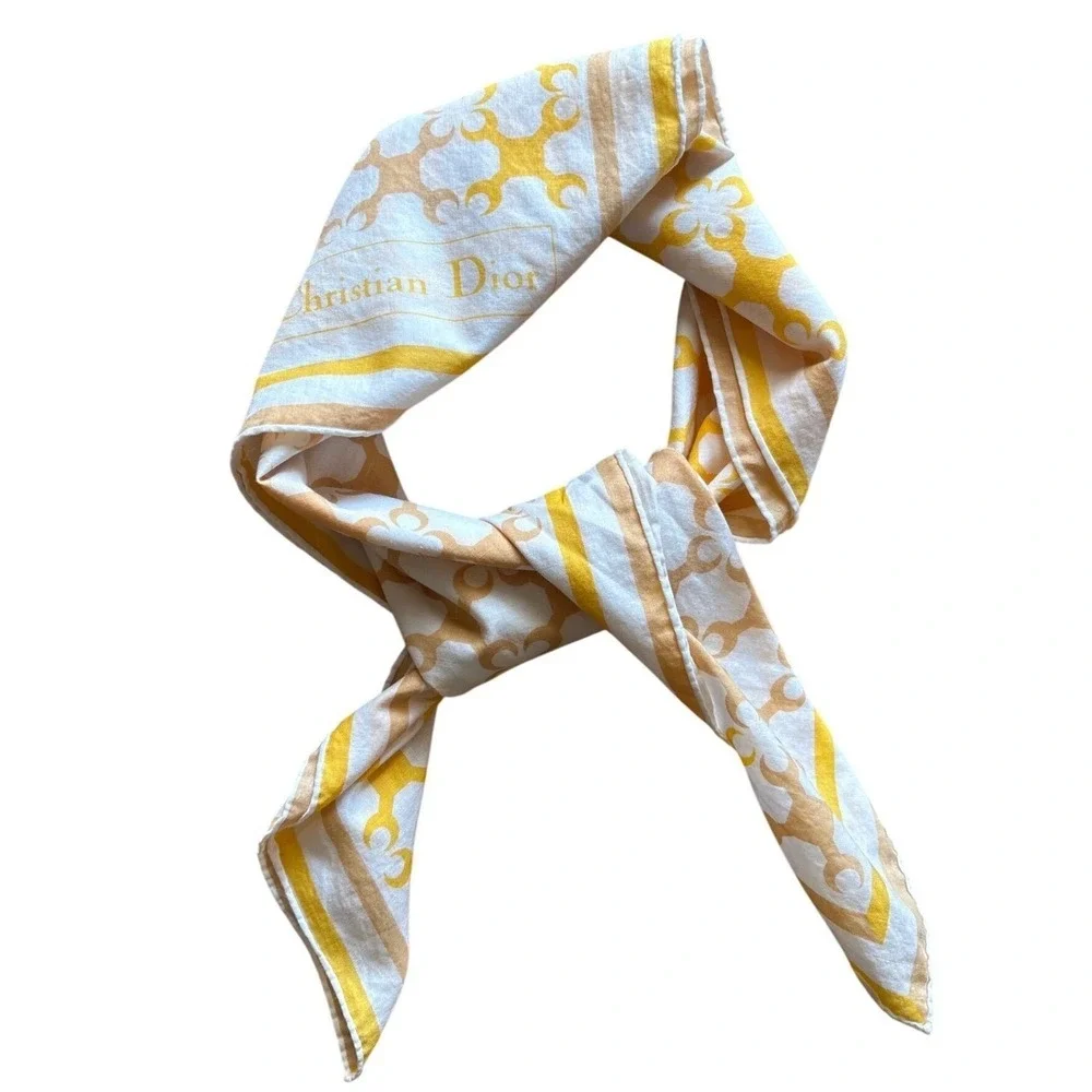 Christian Dior Cotton Scarf Yellow White Geometric Pattern Square Neckerchief